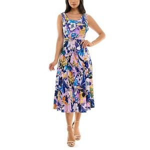 Nina Leonard Floral Midi Dress XL Purple Fit Flare Sleeveless Belted NWT